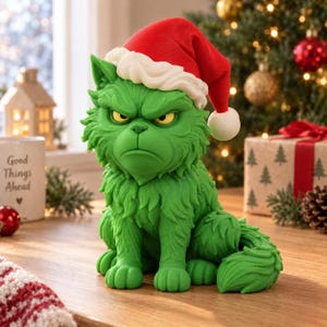 May include: A green, furry cat figurine with a scowling expression, wearing a red and white Santa hat. The cat has yellow eyes, pointed ears, and textured fur, sitting in an upright position. The figure is rendered in a solid, matte finish.