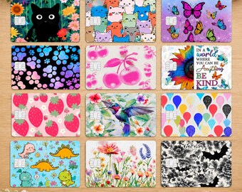 Funda para tarjeta de crédito con diseño floral de gato negro, funda para cartera con pegatina de gato adorable, pegatina estética para tarjeta de débito.