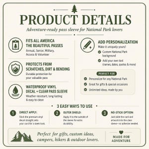 K&ouml;nnte beinhalten: Eine informative Grafik mit dem Titel PRODUCT DETAILS f&uuml;r eine Abenteuer-Passh&uuml;lle. Sie listet Merkmale auf, darunter die Passform f&uuml;r America the Beautiful-P&auml;sse, Schutz vor Besch&auml;digungen und wasserfeste Vinyl-Aufkleber mit drei Anwendungsmethoden.