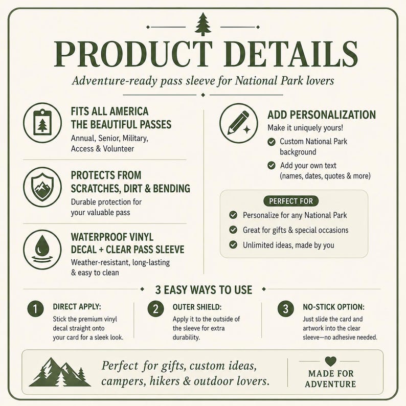 K&ouml;nnte beinhalten: Eine informative Grafik mit dem Titel PRODUCT DETAILS f&uuml;r eine Abenteuer-Passh&uuml;lle. Sie listet Merkmale auf, darunter die Passform f&uuml;r America the Beautiful-P&auml;sse, Schutz vor Besch&auml;digungen und wasserfeste Vinyl-Aufkleber mit drei Anwendungsmethoden.
