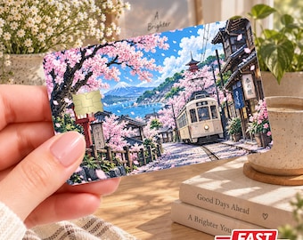 Funda para tarjeta de crédito estilo anime japonés, calcomanía para billetera con diseño de Sakura Street, cubierta para tarjeta con paisaje japonés