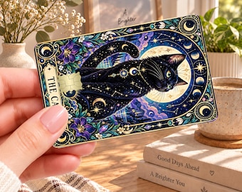 Vinilo decorativo con diseño de gato negro para tarjetas de tarot, pegatina de bruja para tarjetas de crédito, calcomanía de gato místico para cartera, regalo gótico espiritual para amantes de los gatos.