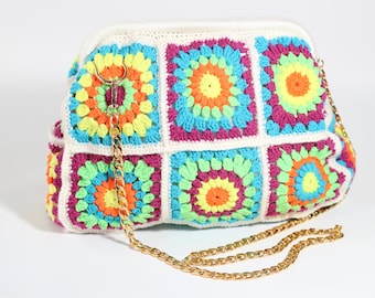 White Crochet Granny Square Purse Clasp Clutch,Vibrant Colorful Granny Square Bag,Bohemian-Inspired Crochet Clutch,Gift for mom,gift for her