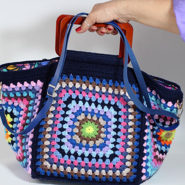 Crochet Boho Chic Granny stitched Colorful Crossbody Bag,Lined Crochet Pouch gift for her,gift for mom,gift for girlfriend,Blue based bag