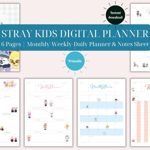 Planificador digital Stray Kids, planificador semanal, diario y mensual, SKZ, imprimible, descarga instantánea, tamaño A4/A5/A3/carta, planificador sin fecha, 6 páginas