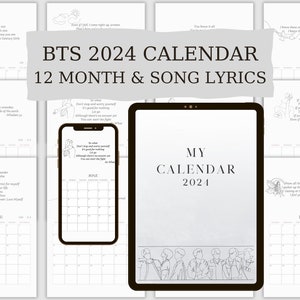 Calendario BTS 2024 con letras de canciones, paquete de planificador digital, planificador mensual, imprimible, descarga instantánea, tamaño A4/A5/A3/carta, planificador con fecha