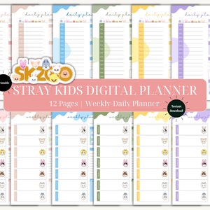 Planificador digital Stray Kids, Semanal - Planificador diario, SKZ, Imprimible, Descarga instantánea, Tamaño A4/A5/A3/Carta, Planificador sin fecha, 12 páginas, Skzoo