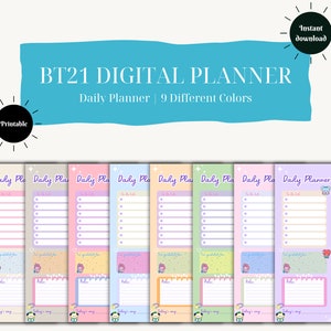 Planificador Digital BT21, Planificador Diario, Imprimible, Descarga Instantánea, Tamaño A4/A5/A3/Carta, Planificador Sin Fecha, 9 Colores Diferentes, Planificador BTS