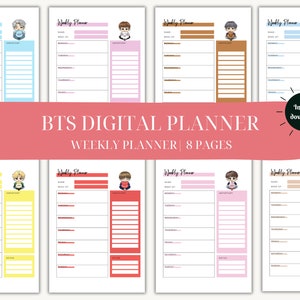 Planificador digital BTS, planificador semanal, imprimible, descarga instantánea, tamaño A4/A5/A3/carta, planificador sin fecha, 8 páginas