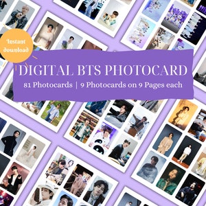 Tarjeta fotográfica digital BTS, 9 tarjetas fotográficas en 9 páginas cada una, 81 tarjetas fotográficas en total, imprimibles, descarga instantánea, tamaño 56*85 mm, impresión y corte