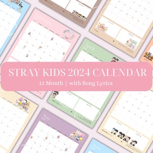 Calendario Stray Kids 2024 con letras de canciones, paquete de planificador digital, planificador mensual, imprimible, descarga instantánea, tamaño A4/A5/A3/carta
