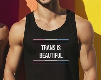 May include: Two people wearing black tank tops with the text "Trans is Beautiful" in white with a pink and blue stripe. The people are standing in front of a colorful wall.