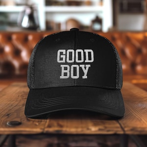 GOOD BOY Embroidered Snapback Trucker Hat in Vintage Varsity Font White Thread Gay Pride Hat for Queer Streetwear or Flirty Style, Pup Pride