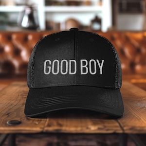 GOOD BOY Embroidered Snapback Trucker Hat in Vintage Font White Thread Gay Pride Hat for Queer Streetwear or Flirty Style, Pup Pride