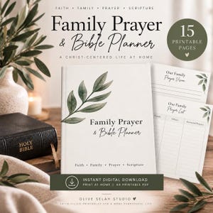 Op de afbeelding: Een familiegebed- en bijbelplanner met een witte kaft en een groene bladillustratie. De tekst luidt Family Prayer & Bible Planner, Faith, Family, Prayer, Scripture en 15 Printable Pages. Bevat vellen voor Our Family Prayer Vision en Our Family Prayer List.