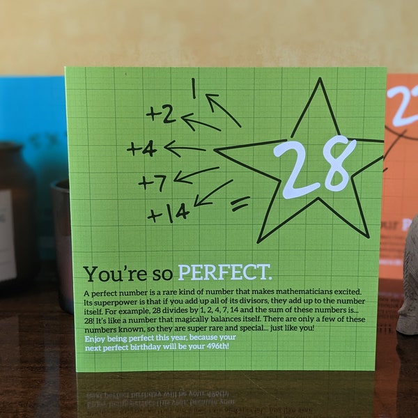 Tarjeta de cumpleaños con número perfecto: tarjeta de cumpleaños número 28 para amantes de las matemáticas y los geeks