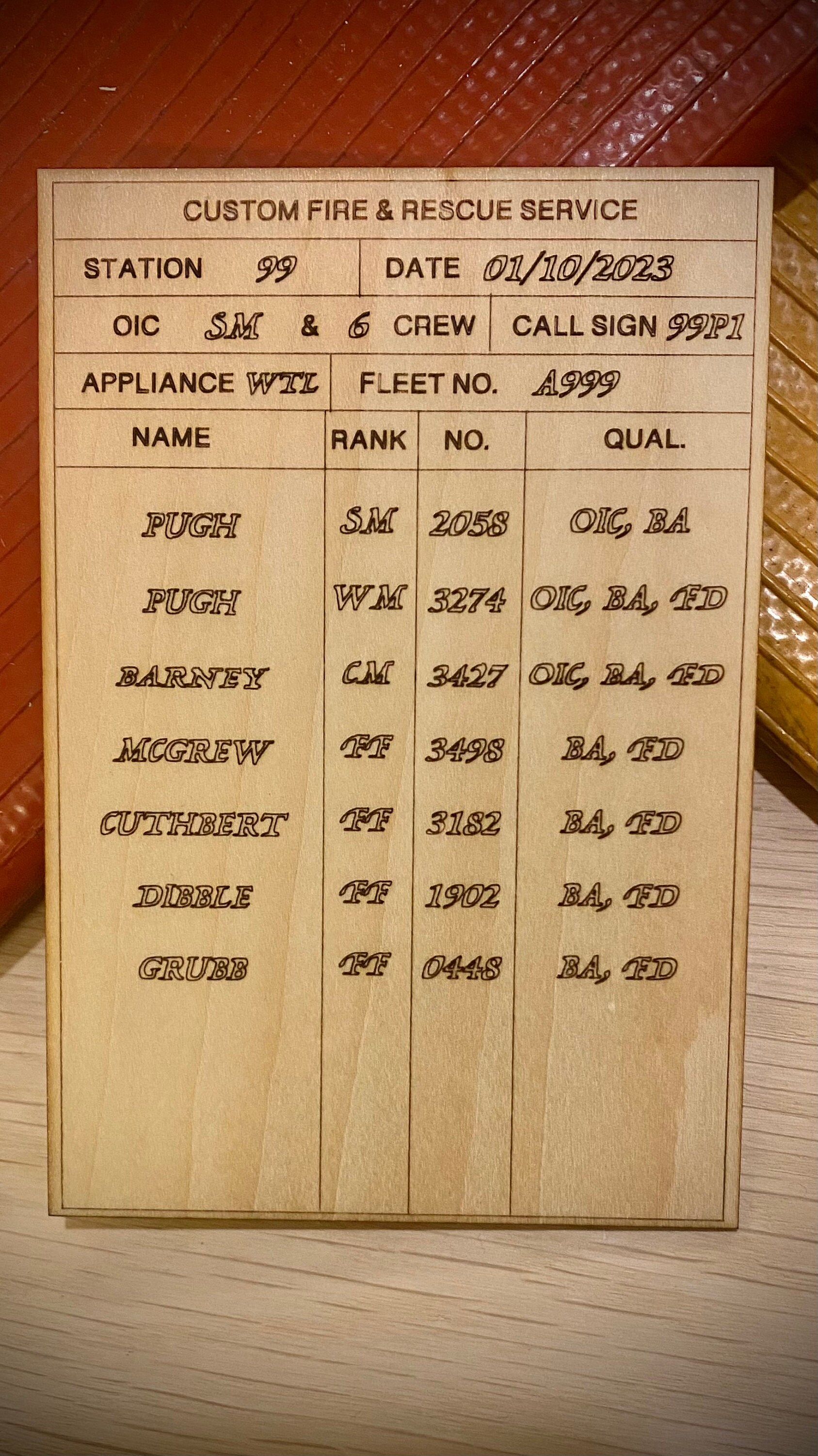 Bespoke Custom Wooden Firefighter Crew Nominal Role Riders Board Gift ...