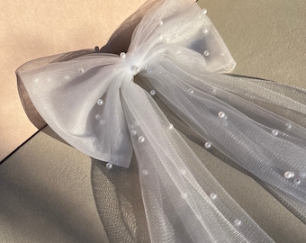 Bridal Hair Bow White Tulle Pearl Handmade