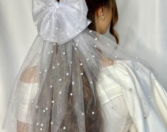 Lazo de pelo doble para boda, tul blanco, perla, hecho a mano