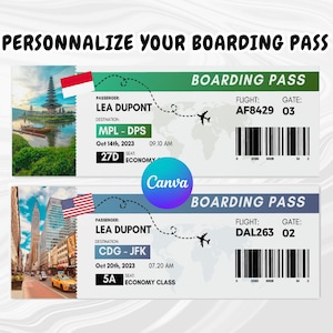 Carte d'embarquement personnalisable, modèle billet d'avion Canva, DIY digital à télécharger, ticket avion voyage surprise