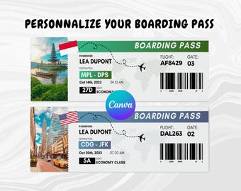 Customizable boarding pass, Canva plane ticket template, digital DIY to download, surprise travel plane ticket