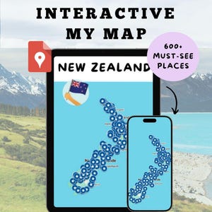 Può includere: Una mappa interattiva della Nuova Zelanda visualizzata su un tablet e uno smartphone. La mappa mostra più di 600 luoghi da non perdere, con la bandiera della Nuova Zelanda e il testo "Interactive My Map New Zealand".