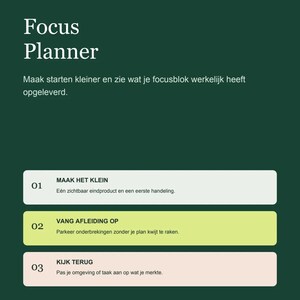 May include: A dark green Focus Planner page with white text titled THE STUDY SYSTEM 04 / UITVOERING. It features three numbered sections: 01 MAAK HET KLEIN, 02 VANG AFLEIDING OP, and 03 KIJK TERUG, with instructional text in Dutch and a footer noting 8 pagina's.