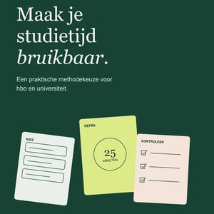 Peut inclure: Un guide d'étude vert foncé intitulé THE STUDY SYSTEM MASTERCLASS + WERKBOEK. Il présente le texte Maak je studietijd bruikbaar et trois cartes étiquetées KIES, OEFEN avec un minuteur de 25 MINUTEN, et CONTROLEER avec des cases à cocher.