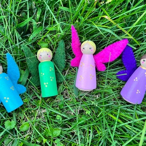 Waldorf and Montessori Inspired Hand-painted Wooden Fairy Peg Dolls Set | Imaginative Play| Dollhouse| Tiered Tray Decor| Steiner Toy