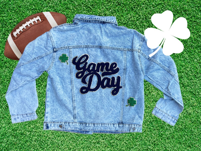 Navy Blue Game Day Denim Jacket, Womens Jean Jacket, Fighting Irish