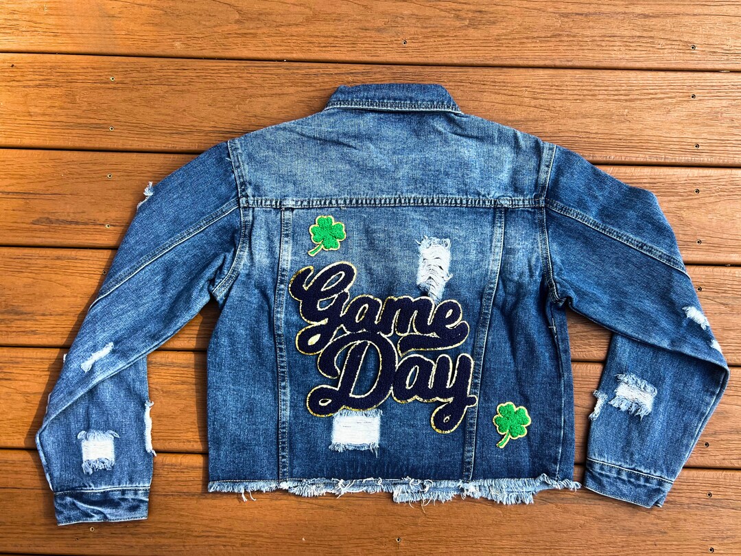 Navy Blue Game Day Denim Jacket, Womens Jean Jacket, Fighting Irish