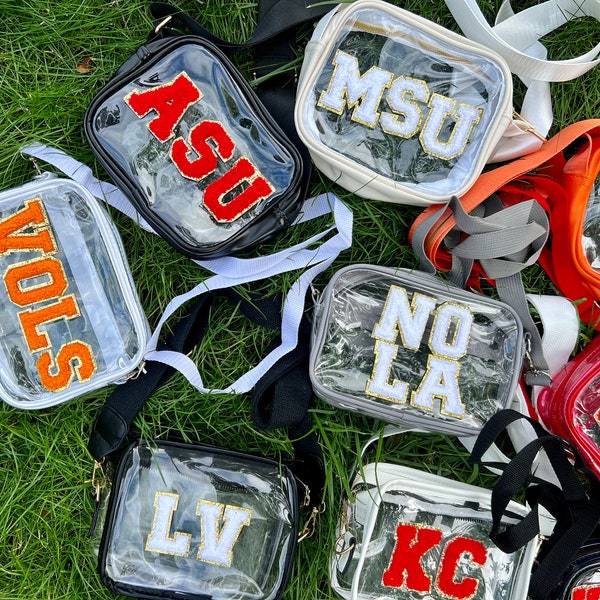 Personalisierte benutzerdefinierte Stadion Geldbörse, Chenille Buchstaben, College Football Spieltag Tasche