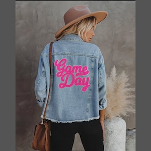 Custom Game Day Denim Jacket, Women&#39;s Sports Jacket, Chenille Towel Patch, Trendy Sports Jacket