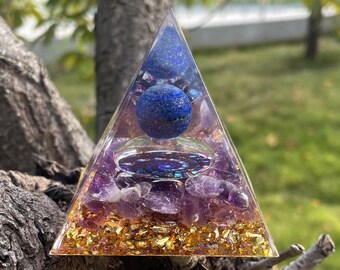 Above the firmament, the orb of Lapis Lazuli crystal Amethyst Orgonite Pyramid - Amethyst rolling stone Healing meditator