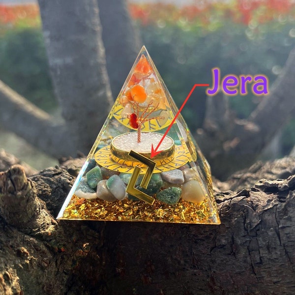 Tree of Life Aquatic Agate Orgonite Pyramid for Chakra Healing and Spiritual Energy Meditation-Runes Jera