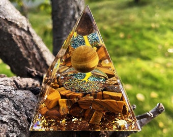 tiger-eye ball Orgonite Pyramid - tiger-eye Tree of the Earth Gold leaf rolling stone Healing meditator