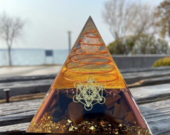 Large Orgonite Pyramid with Copper-Wrapped Crystal Ball, Tiger's Eye Stone, and gold foil - Perfect for Meditation