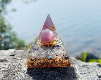 Pink Cat's Eye Stone Orgonite Pyramid -Moonlight rolling stone Healing meditator