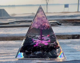 Tree of Life Dream Amethyst,Obsidian soil , Orgonite Pyramid - Healing Reiki Protection Crystal Pyramid Pyramid