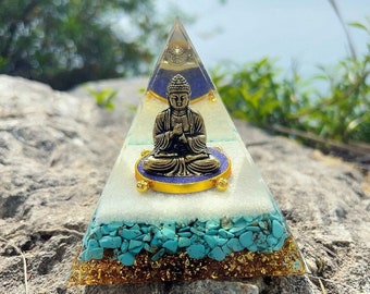 Large Orgonite Pyramid with Buddhist Sakyamuni Turquoise Crystal - Powerful Buddhist Amulet