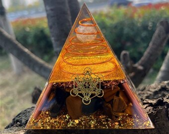 Large Orgonite Pyramid with Copper-Wrapped Crystal Ball, Tiger's Eye Stone, and gold foil - Perfect for Meditation