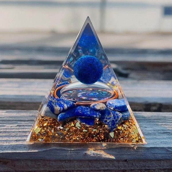 crystal Lapis lazuli ball Orgonite Pyramid - Gold leaf rolling stone Healing meditator