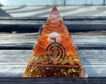 Medium size crystal pink ball Orgonite Seven chakras Pyramid - Gold leaf rolling stone Healing Copper wire adds energymeditator