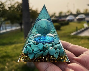 turquoise ball Orgonite Pyramid - turquoise Gold leaf rolling stone Healing meditator