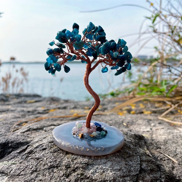 apatite crystal Quartz Crystal Tree of Life with Copper Wire Branches and Agate Slice Base