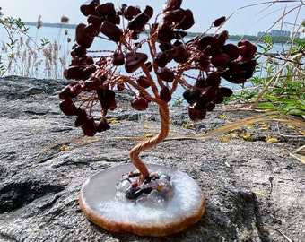 Red jasper Quartz Crystal Tree of Life with Copper Wire Branches and Agate Slice Base