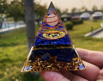 crystal Lapis lazuli rose pink Copper wire around the ball Orgonite Pyramid - Gold leaf rolling stone Healing meditator