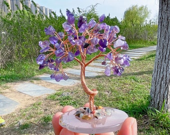 Amethyst Quartz Crystal Tree of Life with Copper Wire Branches and Agate Slice Base