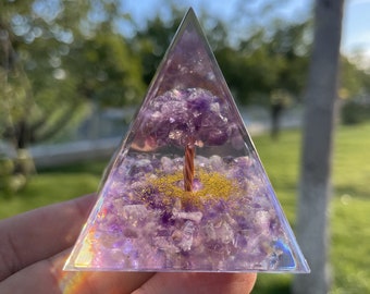 Amethyst Orgone Pyramid - Crystal Pyramid for Positive Energy, Healing, Reiki, and EMF Protection