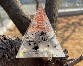 Copper wire surrounds clear crystal double points hexagram Orgonite Pyramid - Moonstone rolling stone Healing meditator